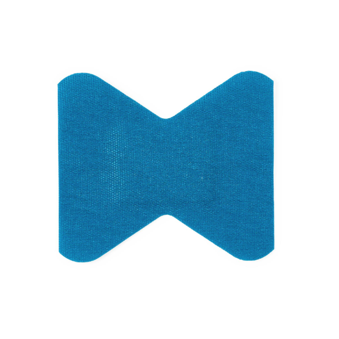 A single CURAD Food Service Metal-Detectable Blue Fabric Adhesive Bandage, X butterfly shaped, is shown on a plain white background. Ideal for food service use.